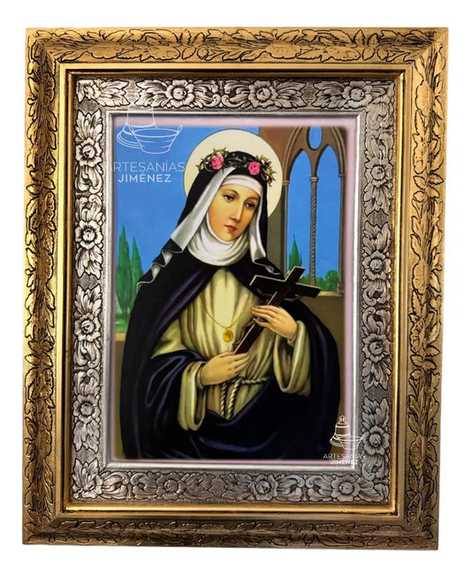 Cuadro de Santa Rosa de Lima de 60x47 cm, acabado combinado oro y plata, hecho a mano en México