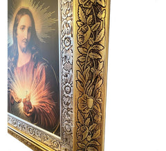 Cuadro Del Sagrado Corazón De Jesús 60x47 Cm Combinado Oro Y Plata Oro Y Plata