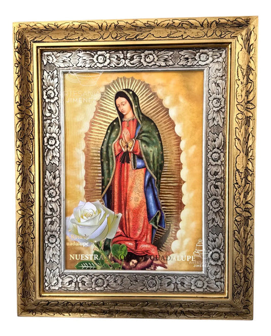 Cuadro de la Virgen de Guadalupe modelo Rosa de Guadalupe, 60x47 cm, acabado oro y plata