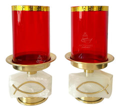 Candeleros De Mesa Para Altar Con Vaso Rojo Piedra Concava Dorado
