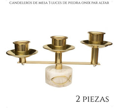 Candeleros De Mesa Tres Luces (2 Piezas) Iglesia O Capilla Dorado Piedra Onix Redonda