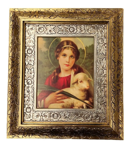 Cuadro de Santa Inés, 45x40 cm, acabado combinado oro y plata, hecho a mano en México