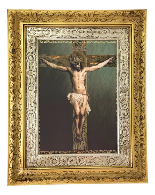 Cuadro de Cristo crucificado, 60x47 cm, acabado combinado oro y plata