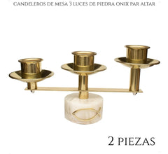 Altar Candelabra Pair, 3-Light, Gold, Round Onyx