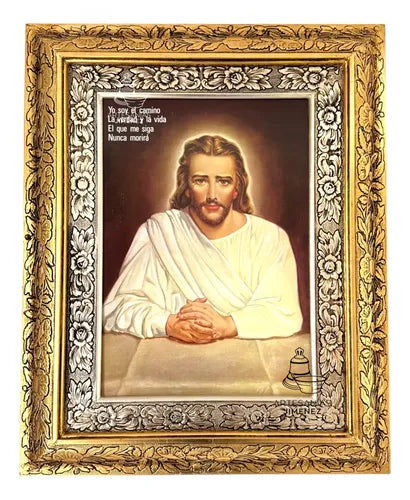 Cuadro Divino Maestro Jesus 60x47 Cm Combinado Oro Y Plata Oro Y Plata