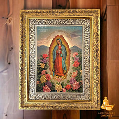 Cuadro Virgen De Guadalupe Con Rosas 60x47 Cm Combinado Oro Y Plata Oro Y Plata