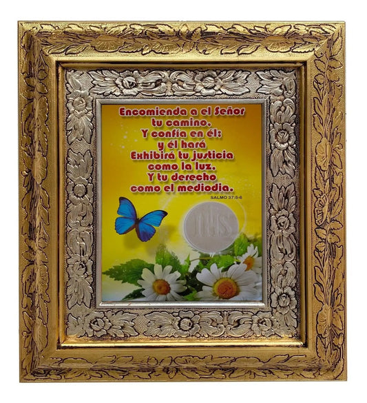 Cuadro con la cita del Salmo 37:5-6, 45x40 cm, acabado combinado oro y plata