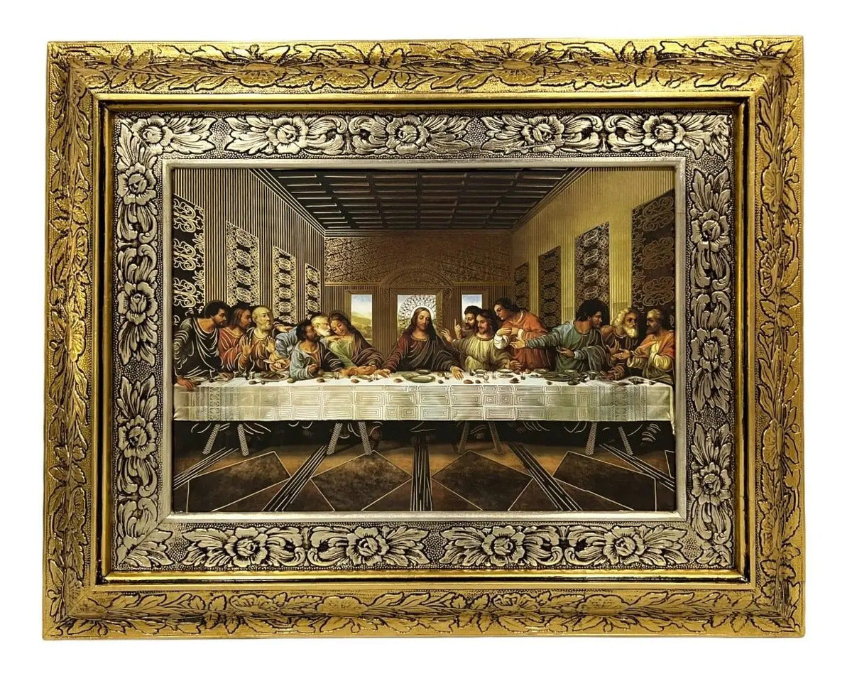 Cuadro de la Última Cena de Da Vinci, 60x47 cm con filos dorados, acabado combinado oro y plata