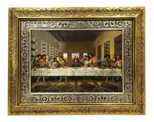 Cuadro de la Última Cena de Da Vinci, 60x47 cm con filos dorados, acabado combinado oro y plata