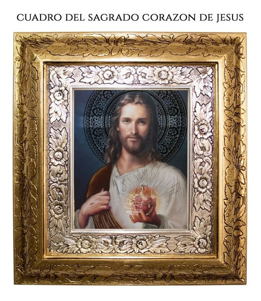 Cuadro del Sagrado Corazón de Jesús, 45x40 cm, acabado combinado oro y plata
