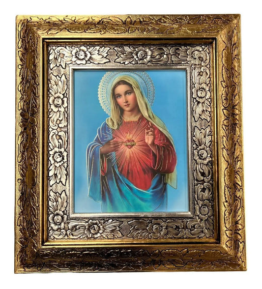 Cuadro del Dulce Corazón de María, 45x40 cm, acabado combinado oro y plata
