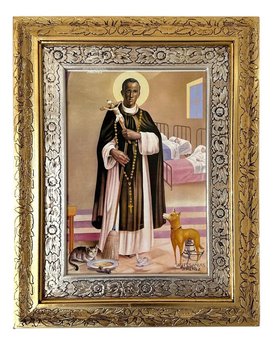 Cuadro de San Martín de Porres de 60x47 cm, acabado combinado oro y plata, hecho a mano en México