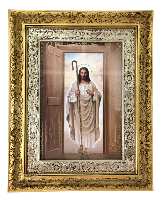 Cuadro de Jesús tocando a la puerta, 60x47 cm, acabado combinado oro y plata