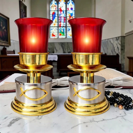 Candeleros eléctricos de altar, redondos de media semana, acero y latón plateado, hecho a mano en México