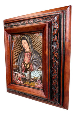 Cuadro Busto Virgen De Gpe Y Basilica Madera De Pino 22x19cm Color Nogal
