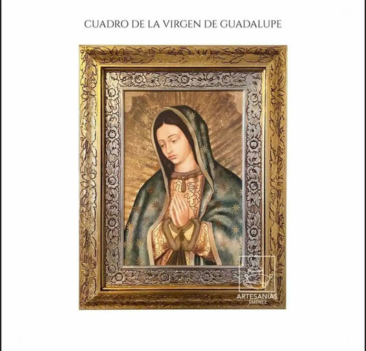 Cuadro de la Virgen de Guadalupe, 45x40 cm, acabado combinado oro y plata