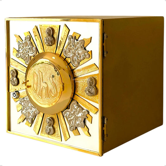 Sagrario de 31.5 cm con expositor del Santísimo y baño de níquel y oro, hecho a mano en México