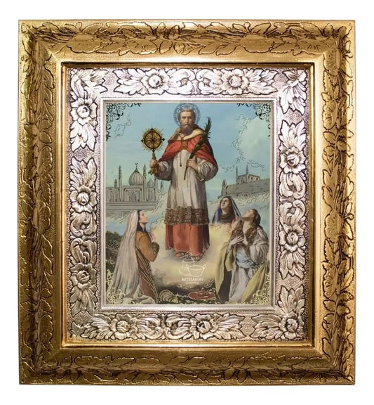 Cuadro de San Ramón Nonato, 45x40 cm, acabado combinado oro y plata