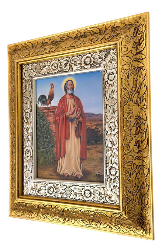 Cuadro de madera de San Pedro, 45x40 cm, acabado combinado oro y plata, hecho a mano en México