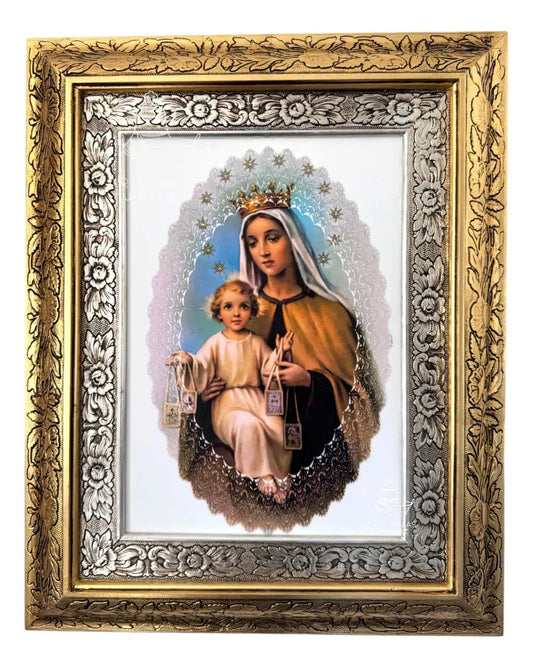 Cuadro de la Virgen del Carmen de 60x47 cm, acabado combinado oro y plata, hecho en México