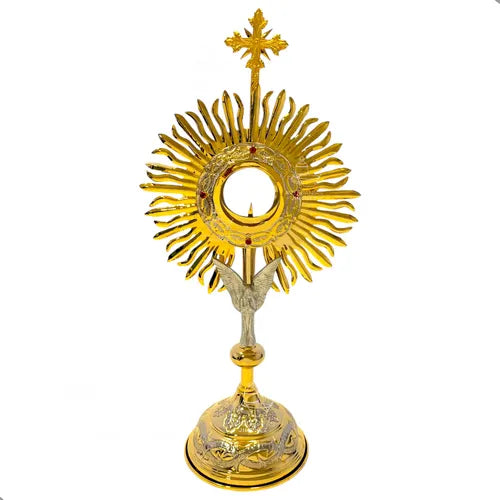 Custodia del Santísimo de 65 cm, modelo corona de espinas y ángel, en latón con baño de oro, hecha a mano en México