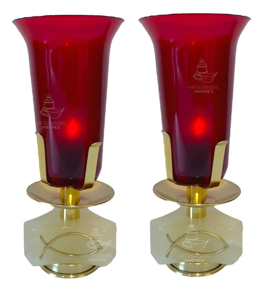 Candeleros eléctricos para el Santísimo, cóncavos, ónix y latón dorado, hecho a mano en México