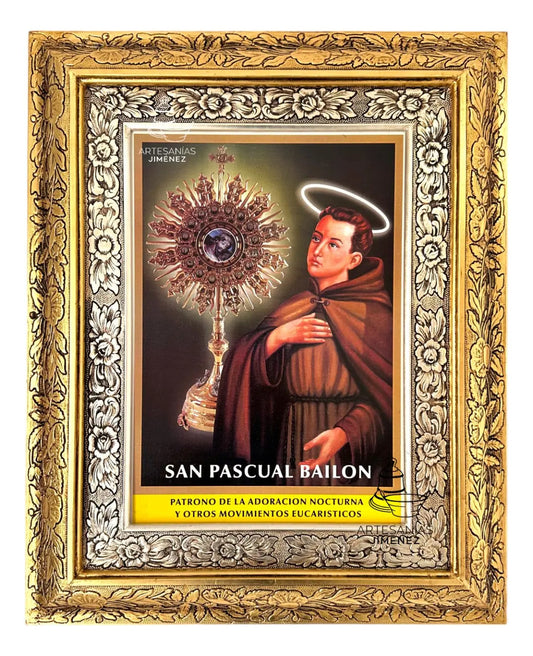 Cuadro de San Pascual Bailón de 60x47 cm, acabado combinado oro y plata, hecho a mano en México