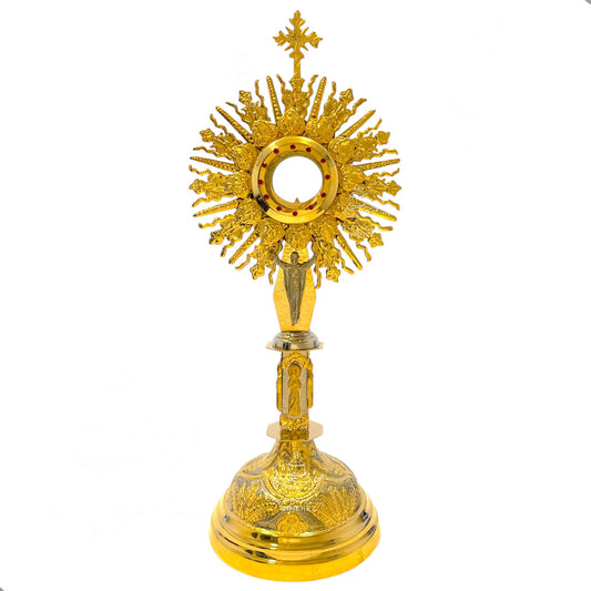 Custodia eucarística Cristo Rey de 85 cm, en alpaca con baño de oro, hecha a mano en México