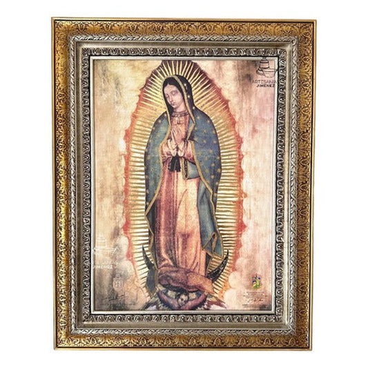 Cuadro de la Virgen de Guadalupe copia fiel de 90x70 cm, acabado combinado oro y plata, hecho a mano en México