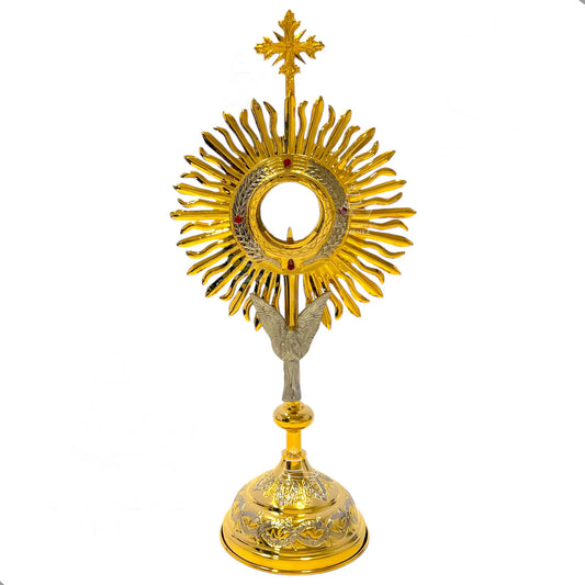Custodia del Santísimo de 65 cm, modelo corona de laurel y ángel, en latón con baño de oro, hecha a mano en México
