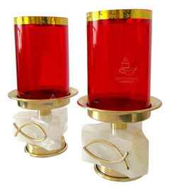 Candeleros De Mesa Para Altar Con Vaso Rojo Piedra Concava Dorado