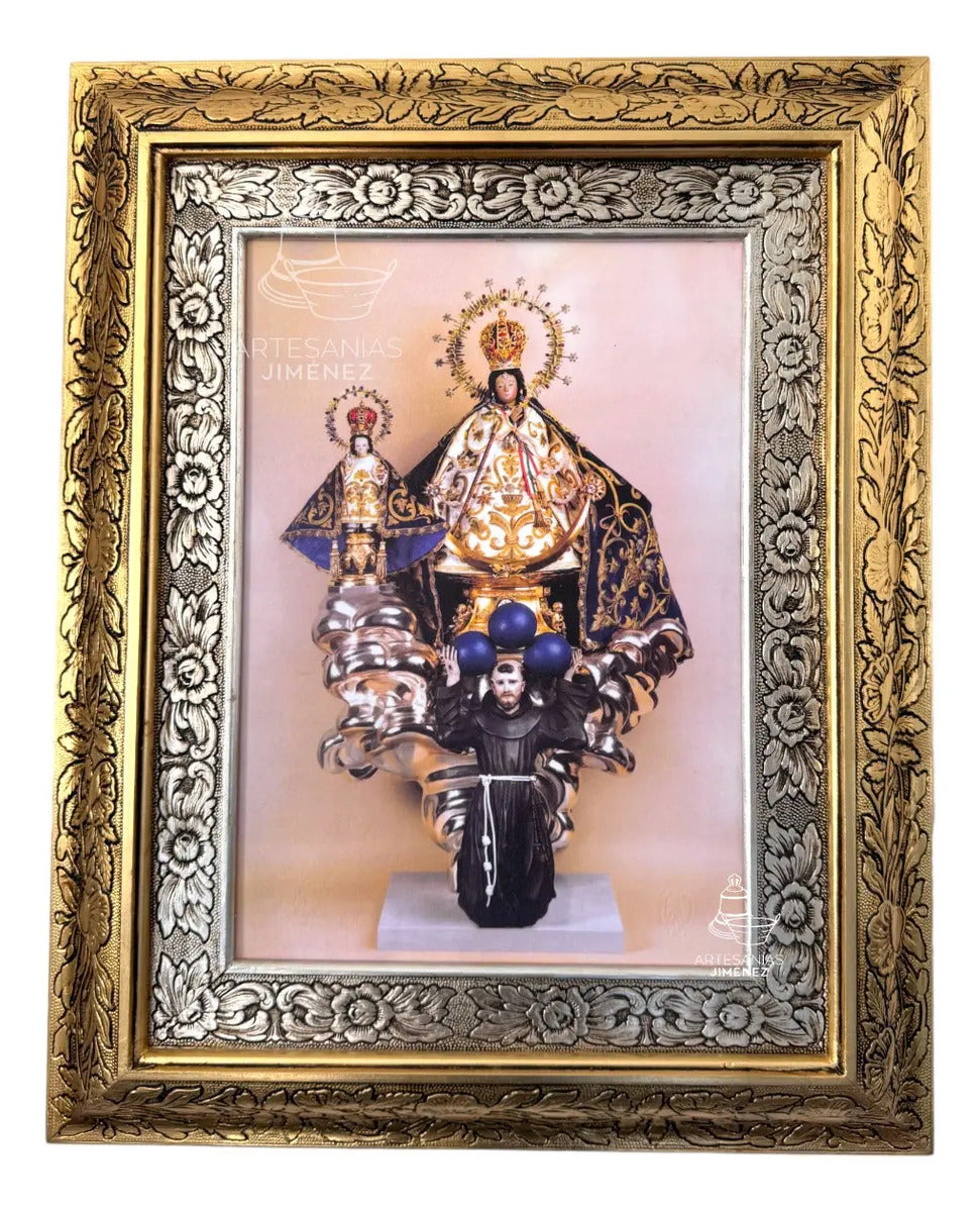 Cuadro de la Virgen del Pueblito de 60x47 cm, acabado combinado oro y plata, hecho a mano en México
