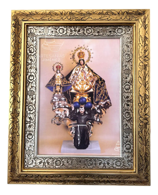 Cuadro de la Virgen del Pueblito de 60x47 cm, acabado combinado oro y plata, hecho a mano en México