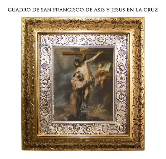 Cuadro de San Francisco de Asís y Jesús en la cruz, 45x40 cm, acabado oro y plata
