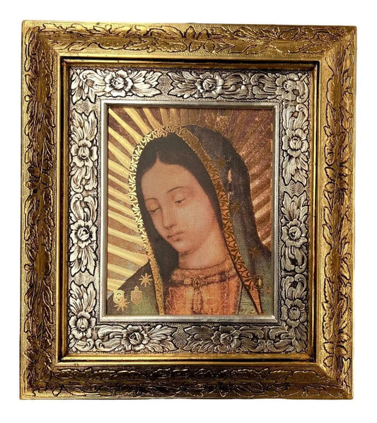 Cuadro del rostro de la Virgen de Guadalupe con resplandor, 45x40 cm, acabado oro y plata