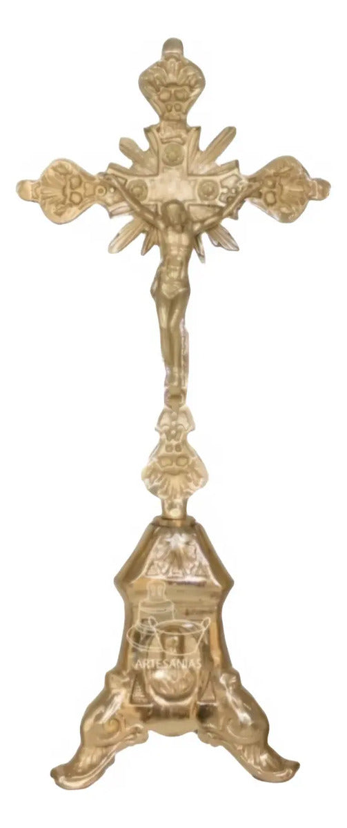 Cruz de mesa modelo barroco de bronce natural de 44 cm, hecha a mano en México