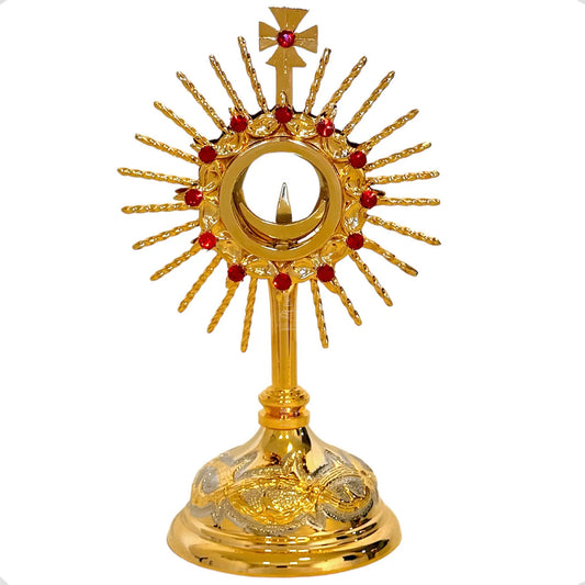 Custodia eucarística tradicional de rayos de 27 cm, en latón con baño de oro, hecha a mano en México