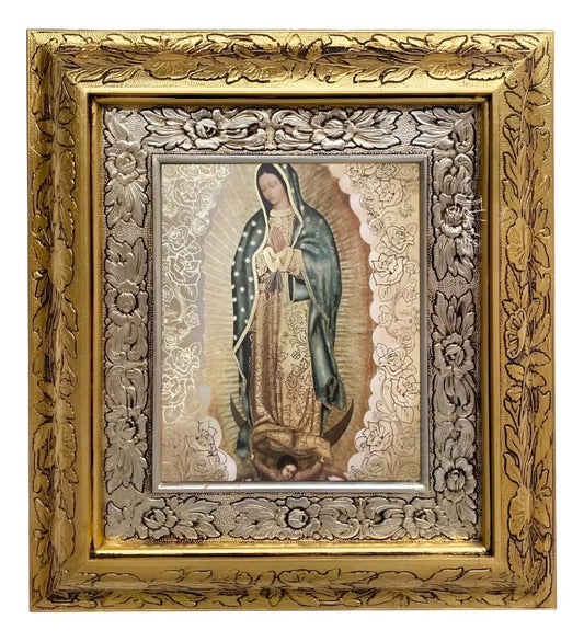 Cuadro de la Virgen de Guadalupe con rosas, 45x40 cm, acabado combinado oro y plata