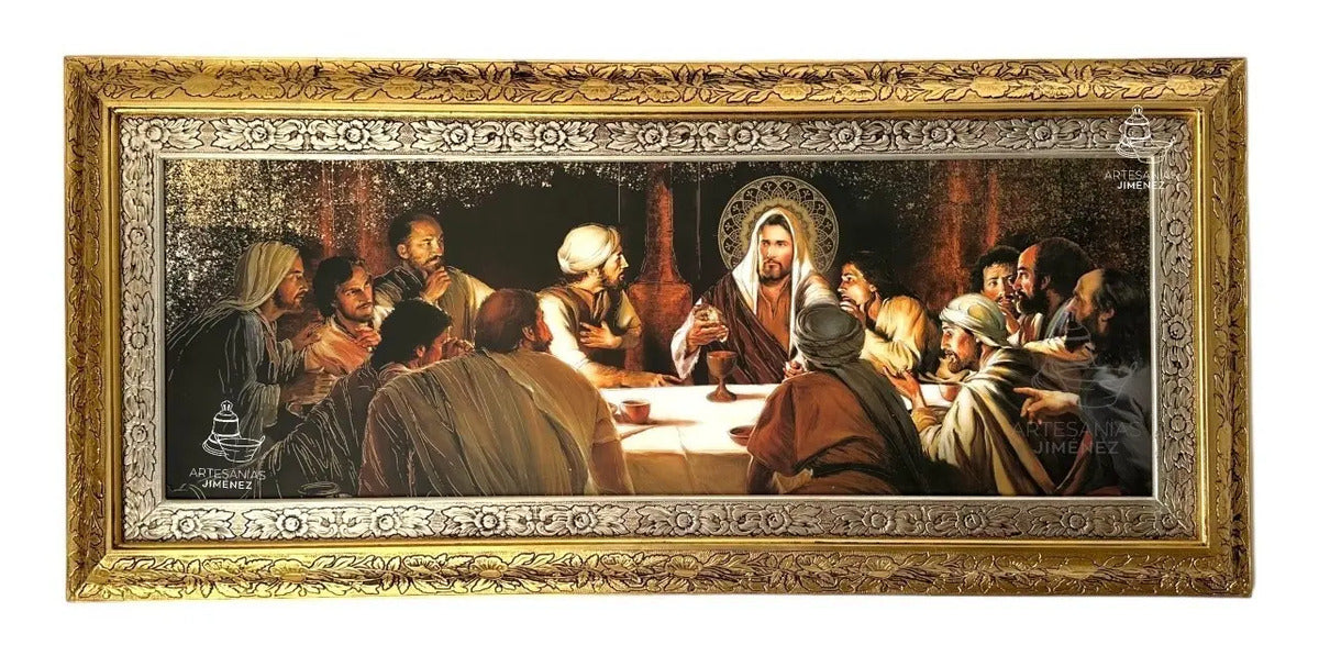 Cuadro de la Última Cena de 120x55 cm con marco oro y plata — segunda vista