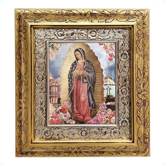 Cuadro de la Virgen de Guadalupe y la basílica, 45x40 cm, acabado combinado oro y plata