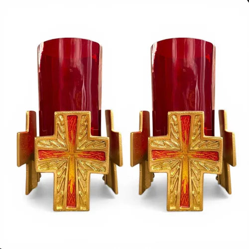 Candeleros Portavela Para El Altar De Sacrificio (2 Piezas) Rojo Y Dorado