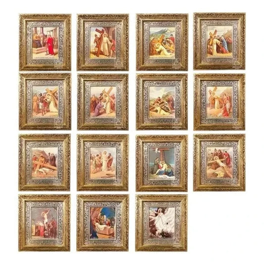 Vía crucis de 15 piezas, 90x70 cm, acabado combinado oro y plata, hecho a mano en México