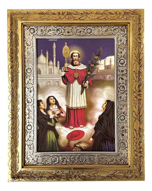 Cuadro de San Ramón Nonato de 60x47 cm, acabado combinado oro y plata, hecho a mano en México