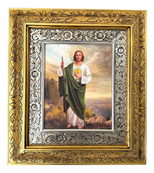 Cuadro de San Judas Tadeo de 45x40 cm, acabado combinado oro y plata, hecho a mano en México