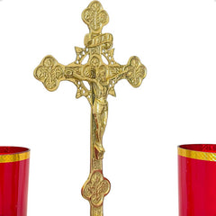 Candeleros Y Cruz Barroco Pie Leon Vasos Rojos Cruz De 65 Cm Bronce