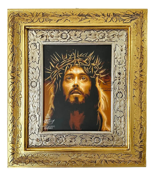 Cuadro del rostro de Cristo Jesús, 45x40 cm, acabado combinado oro y plata
