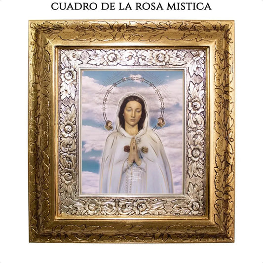 Cuadro de la Rosa Mística, 45x40 cm, acabado combinado oro y plata