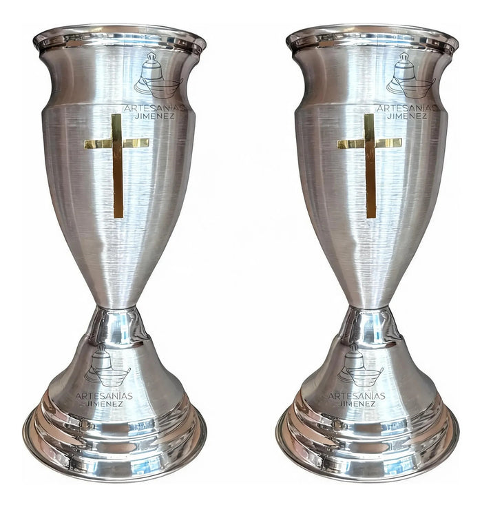 Silver Altar Vases 50cm, Tulip with Cross, Church Set of 2