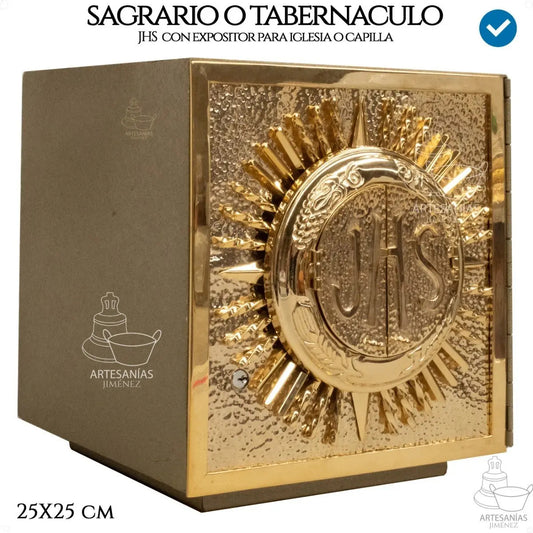 Sagrario litúrgico con expositor JHS del Santísimo al frente, hecho a mano en México