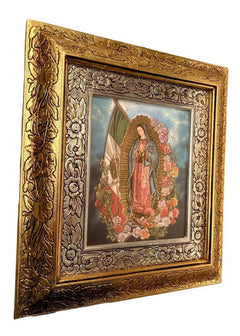 Cuadro Virgen De Guadalupe Bandera De Mexico 45x40 Cm A#1 Combinado Oro Y Plata Oro Y Plata
